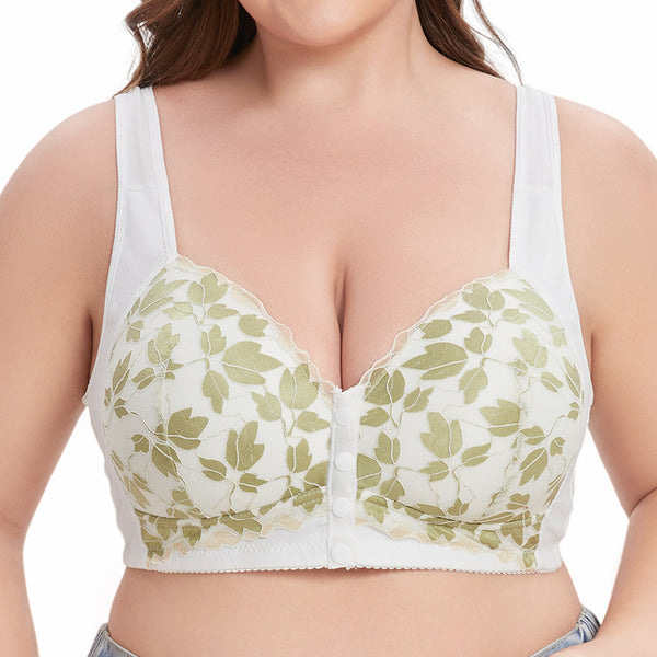 Frye Plus Size Wide Strap Leaf Pattern Front Button Bra For Seniors